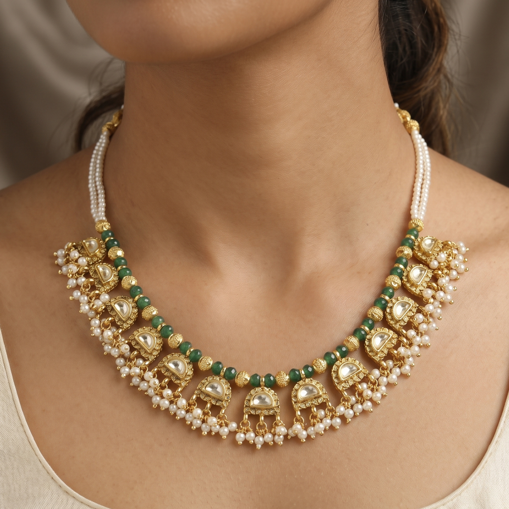 Antique Gold Guttapusalu Necklace Set with Pearls & Emeralds