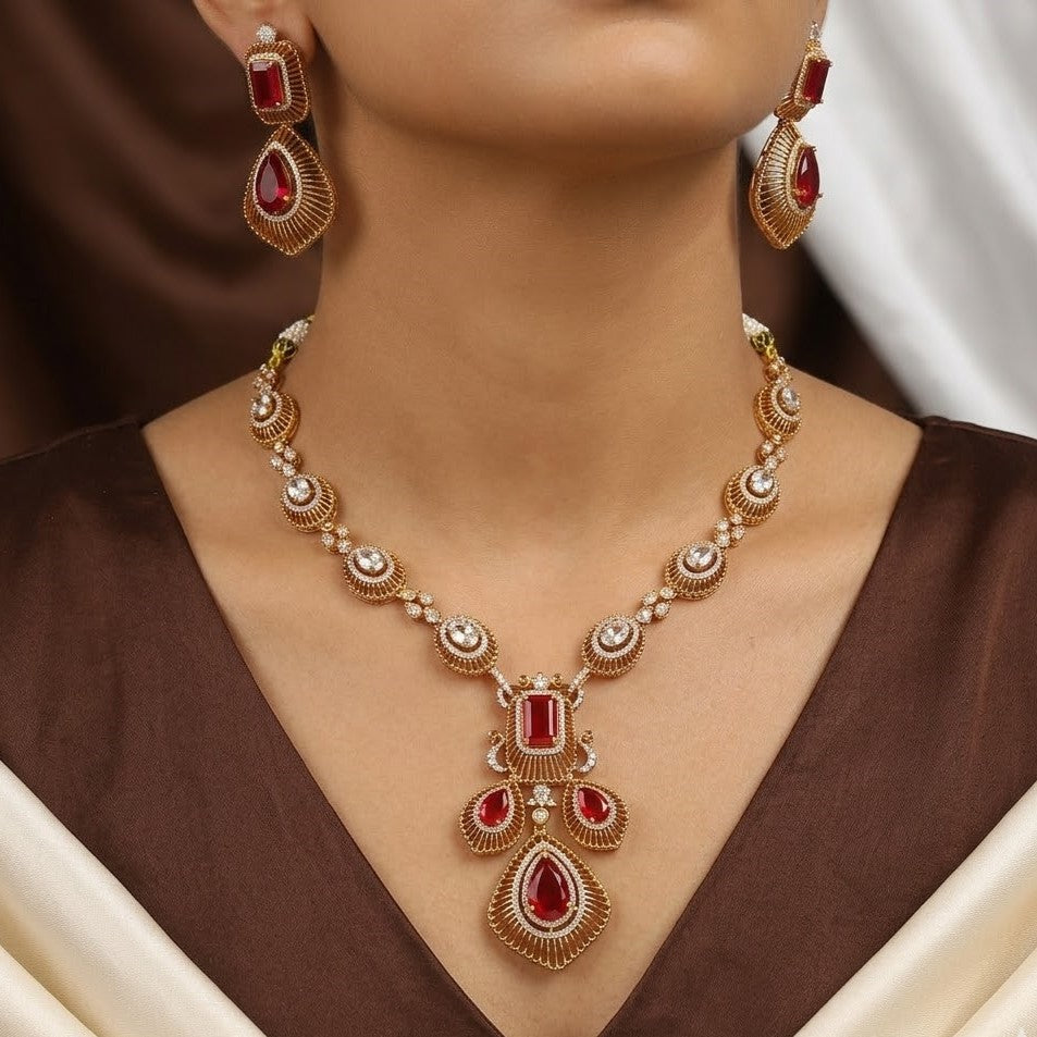 Traditional Ruby and Gold-Tone Diamond Necklace Set