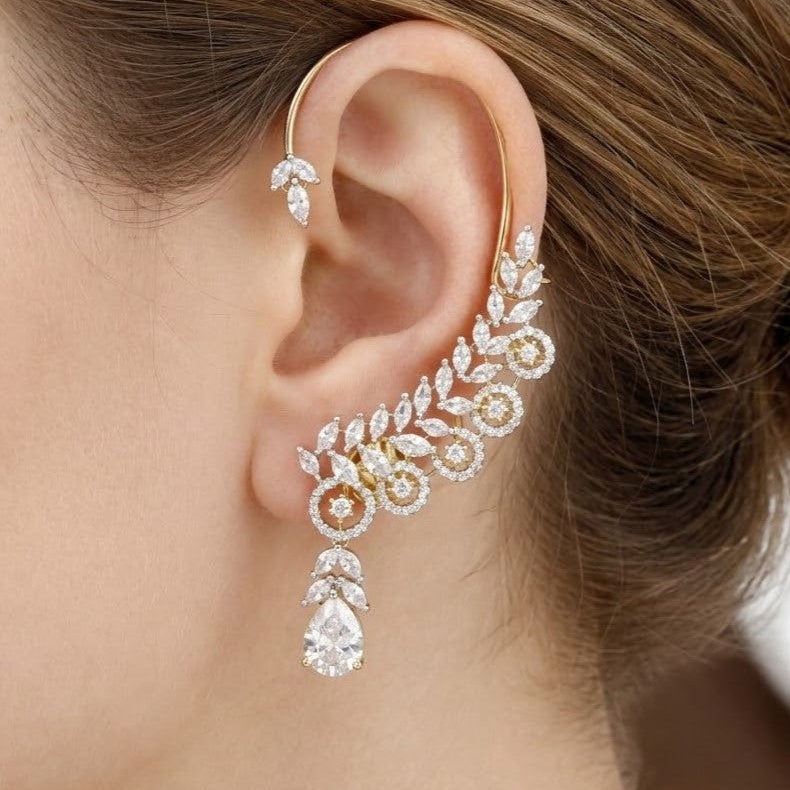 Gold Floral Vine Ear Cuffs with Teardrop Crystal