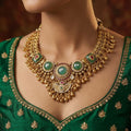 Antique Gold Plated Kemp & Emerald Green Stone Necklace Set