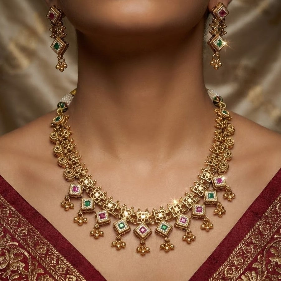 Antique Gold-Plated Multi-Color Stone Choker Necklace Set with Drop Earrings