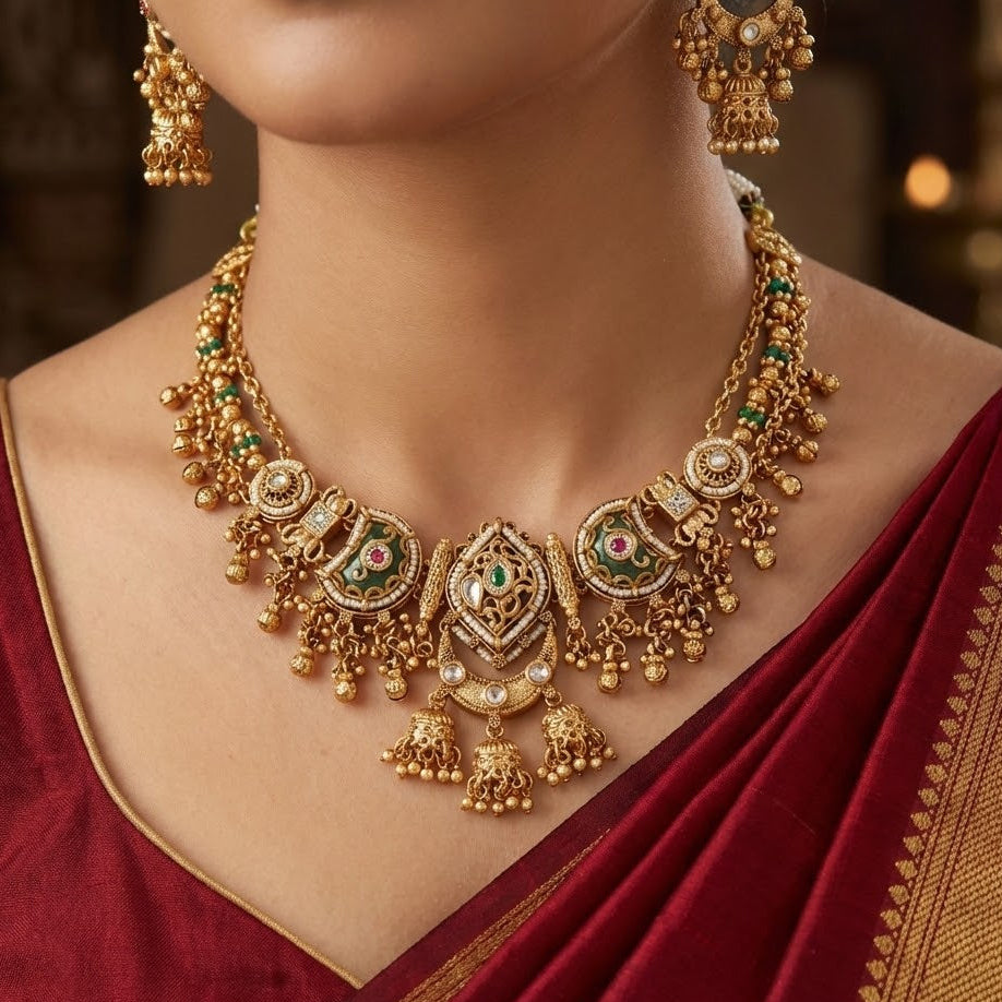 Antique Gold Multi-Strand Necklace with Emerald Bird Pendant Set