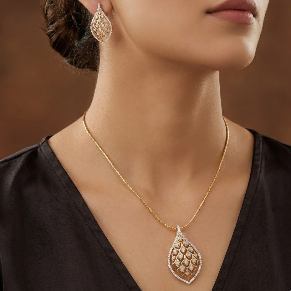 Elegant Gold Leaf Motif Pendant & Earrings Set with Diamond Accents