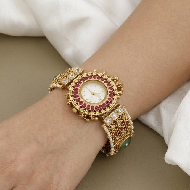 Antique Gold Ornate Bracelet Watch with Rubies and Emeralds