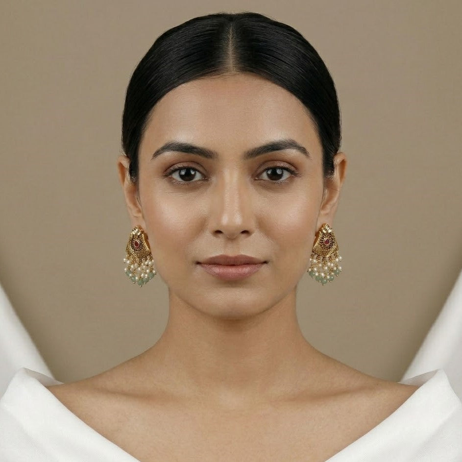 Antique Gold-Plated Traditional Earrings with Pearls & Green Beads