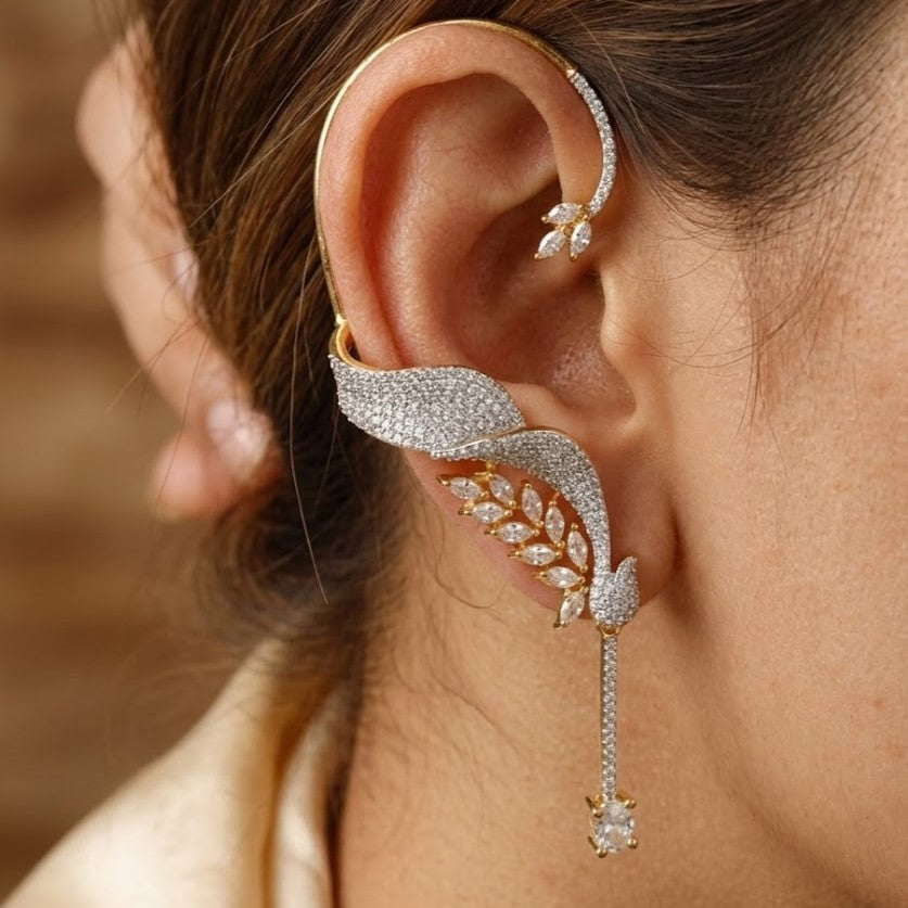 Ornate Gold Wave & Marquise Ear Cuff with Pave Dangle